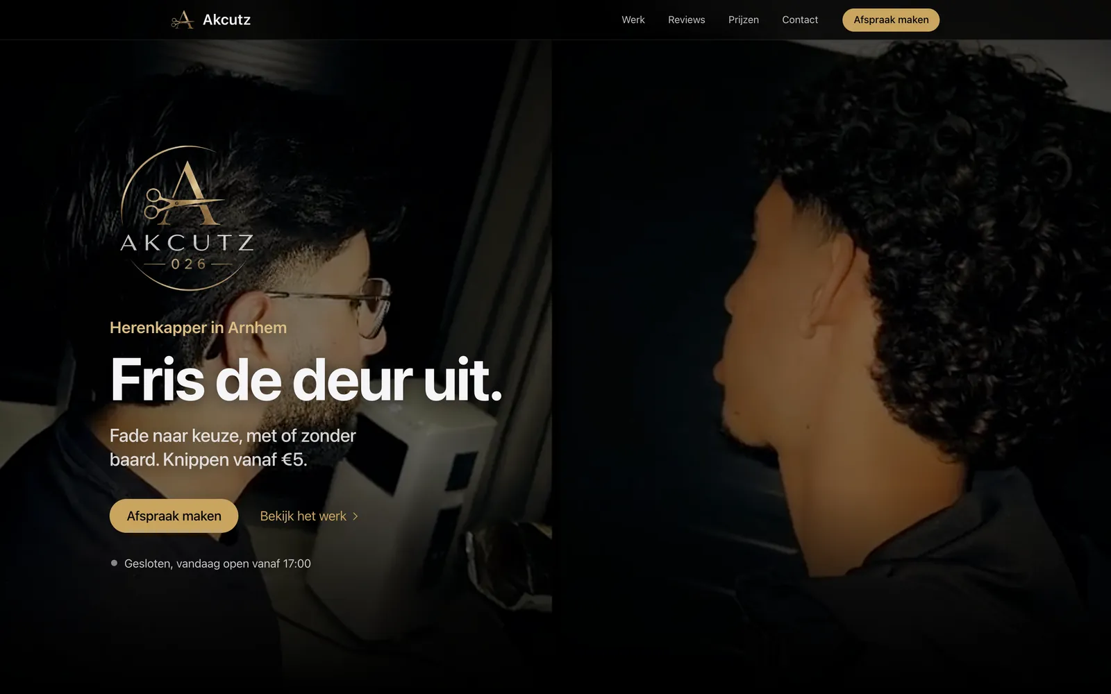 De homepage van akcutz.nl op een laptop, met het logo, de kop Fris de deur uit en een film van een klant in de stoel
