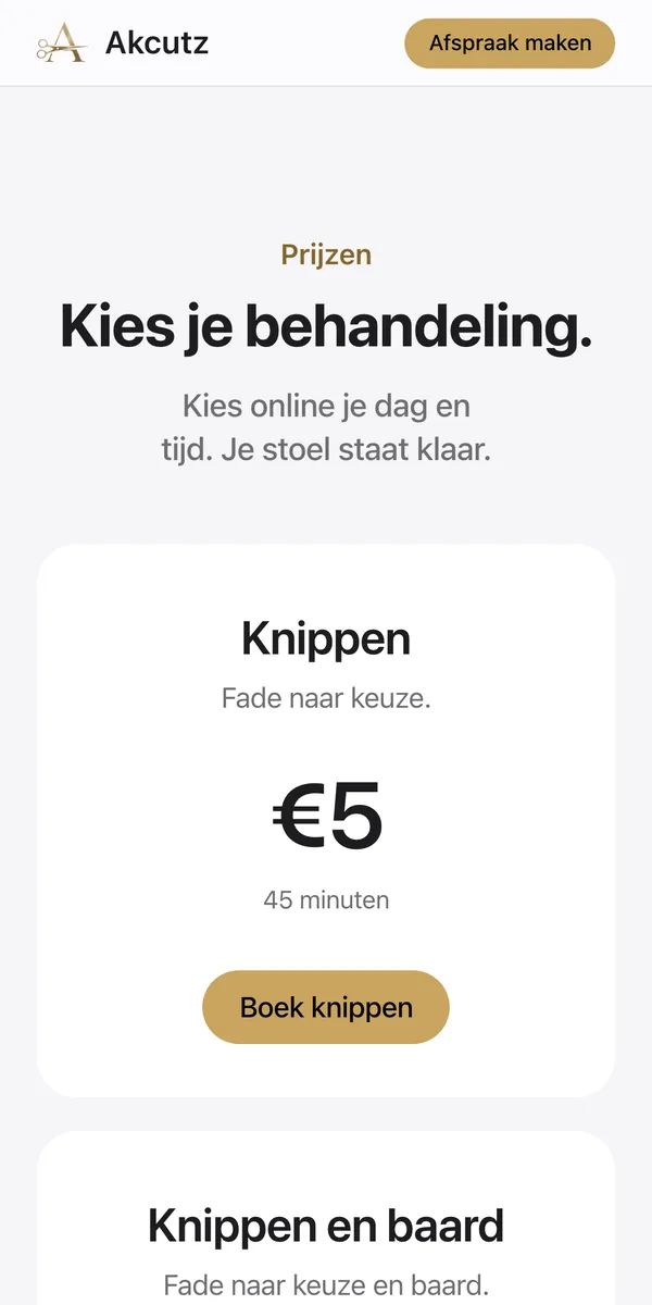 De prijzen op akcutz.nl op de telefoon, met een knop om meteen te boeken